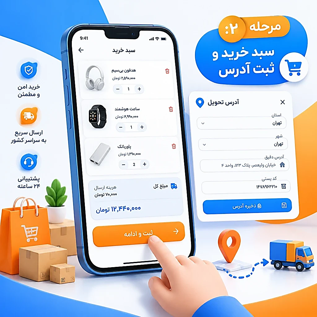 مرحله ۲: سبد خرید و ثبت آدرس